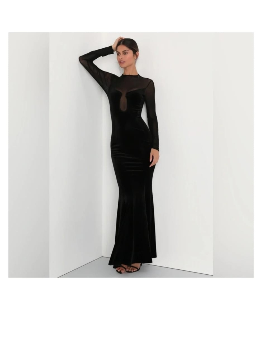 Lulu's Black Velvet Long-Sleeve Mesh Maxi Gown